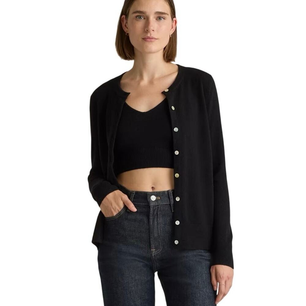 EUC Quince Womens S Mongolian Cashmere Button Up Cardigan Sweater Preppy Black
